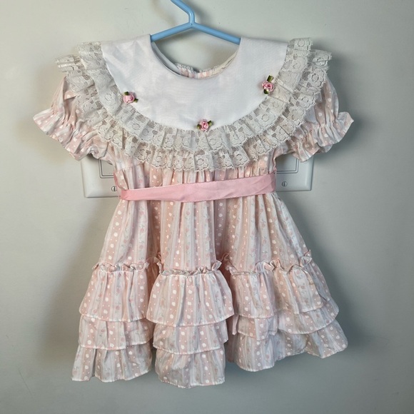 Vintage Reitman’s Dress Pink Lacey Floral with Roses, Tie & Collar 24 Months - Picture 1 of 6